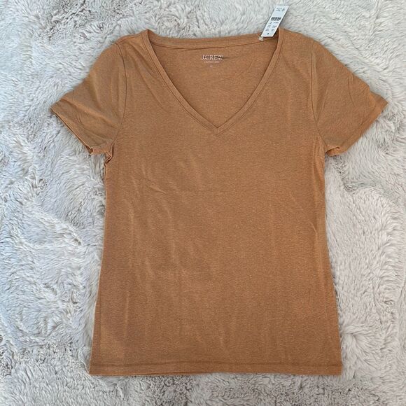 J. Crew V-neck T-shirt Stretch Linen Blend in Warm Brandy Size M - Picture 2 of 7